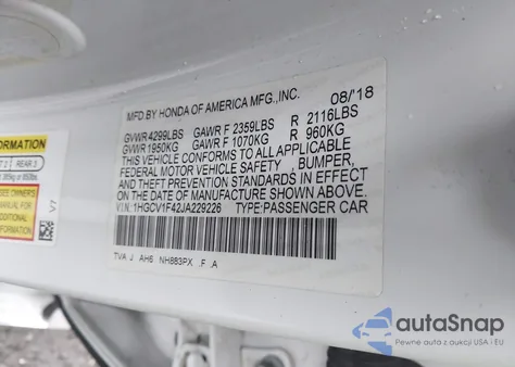 2018 Honda Accord Ex from USA, damaged, VIN 1HGCV1F42JA229226